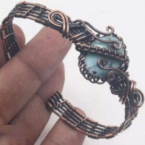 Larimar Gemstone Copper Wire Wrap Handmade Adjustable Bracelet